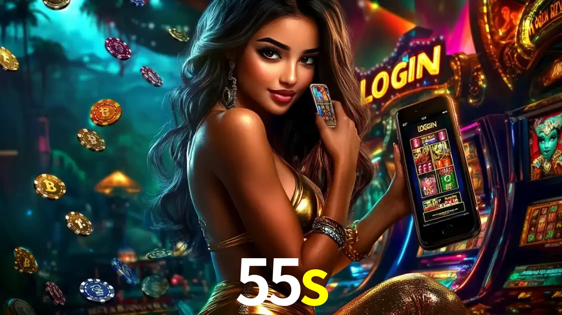 Mulher em um cenário de cassino temático de aventura, mostrando o app de caça-níqueis da 55s no celular. Fichas de apostas flutuam ao redor.