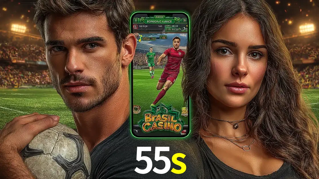Homem segurando uma bola de futebol e uma mulher ao lado de um smartphone exibindo o jogo de apostas esportivas da 55s. Faça seu palpite no cassino online.